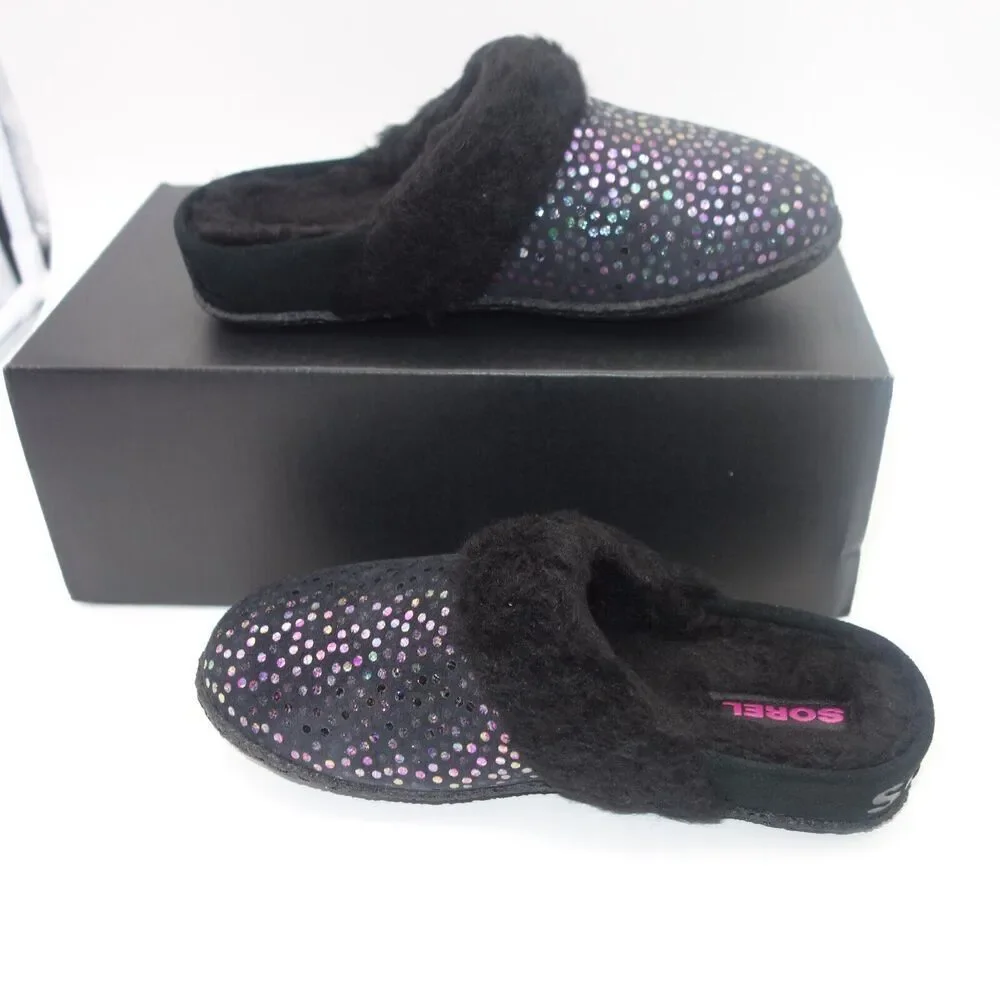 NEW Sorel Nariska Slide II Black Sparkle Slippers Fleece Lined Kids Girls Size 4